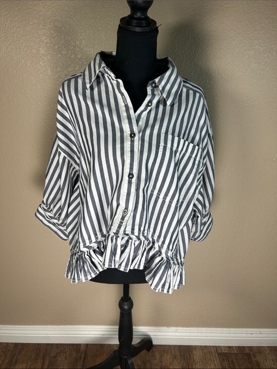 We The Free Tops - We The Free Free People Striped Ruffle Hem Button-Up Shirt Large